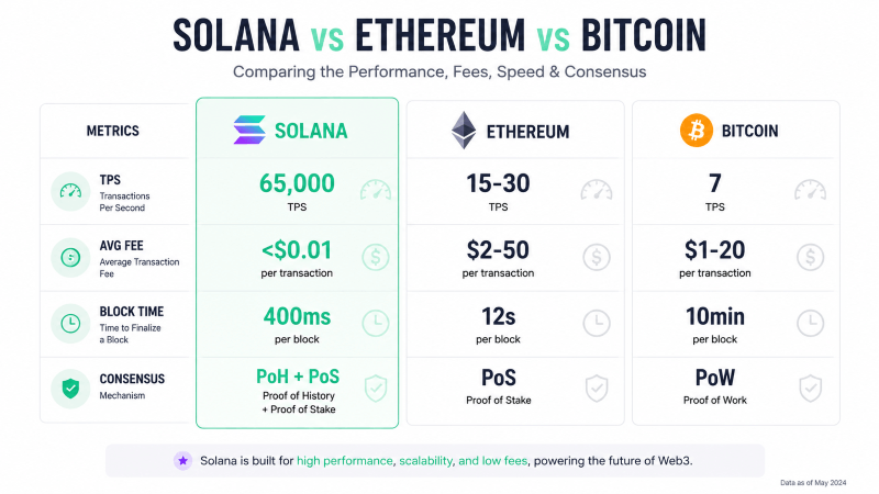 Comparison chart showing Solana outperforms Ethereum and Bitcoin in transactions per second, fees, and block time